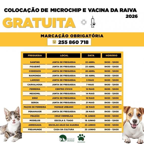 Coloca&ccedil;&atilde;o de Microchip e Vacina da Raiva 2026. GRATUITA